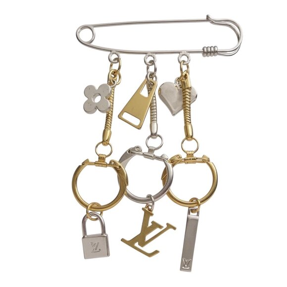 LOUIS VUITTON Charm Safety Pin Brooch Silver Jewelry Bag Charms LV Gold Logo - Picture 7 of 7